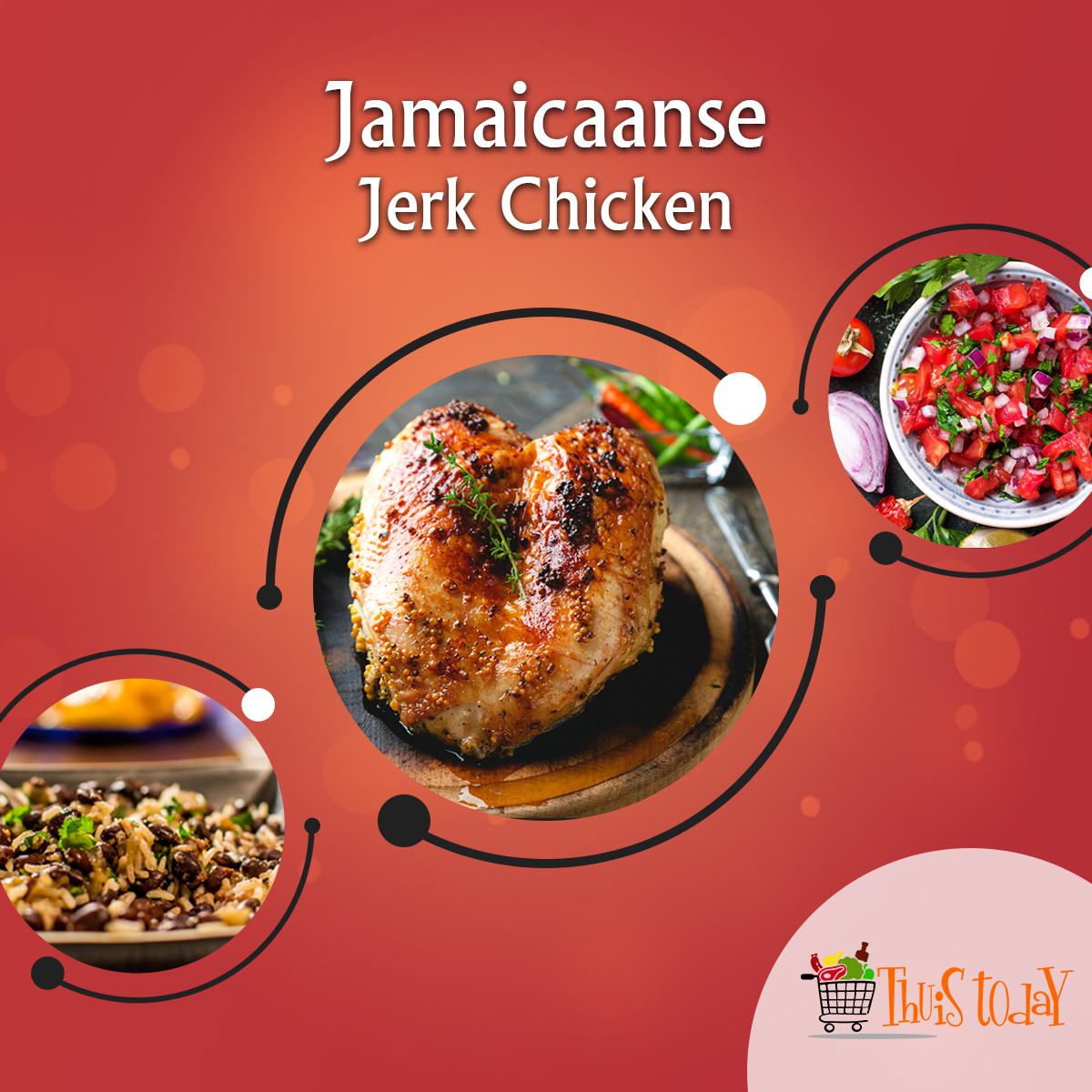 jamaicaanse jerk chicken, kokosrijst met tomaten salsa